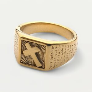 Bague croix gravée de versets, anneau doré symbole de foi et élégance spirituelle