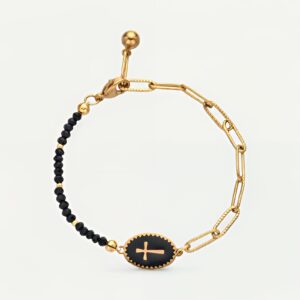 Bracelet croix dorée, perles entrelacées et chaîne ajustable pour femme élégante