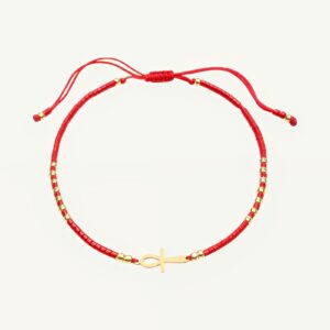 Bracelet croix ankh égyptienne, perles dorées et zirconium étincelant