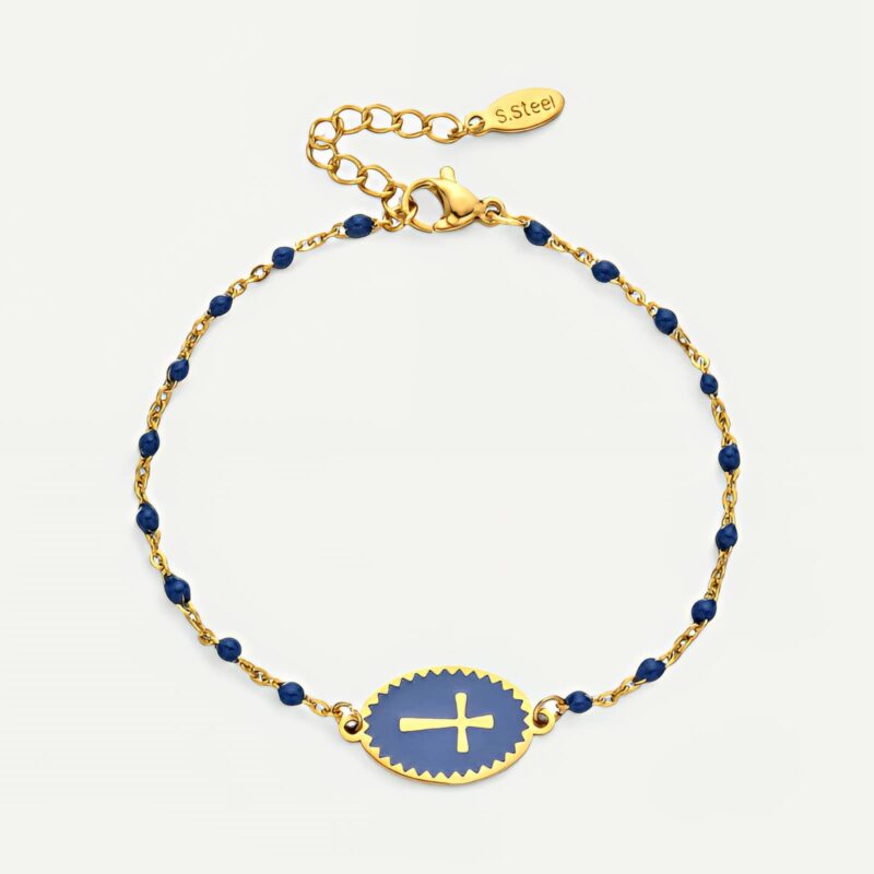 Bracelet croix émaillé sur chaîne acier, breloque ajustable en six couleurs