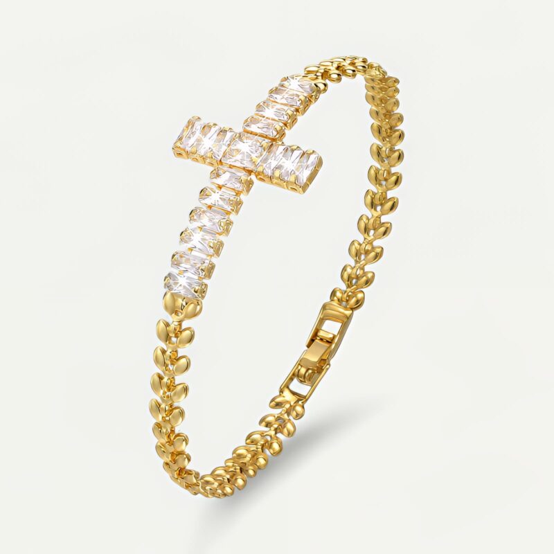 Bracelet croix dorée à cristaux, chaîne fine acier