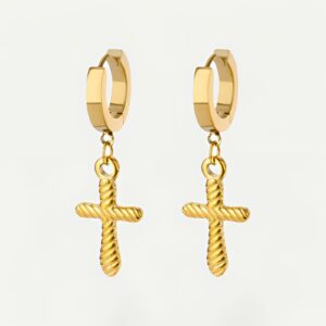 Boucles d'oreilles croix torsadée dorée, spirales acier