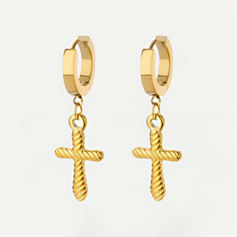 Boucles d'oreilles croix torsadée dorée, spirales acier