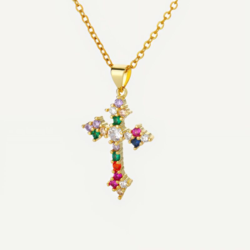 Collier croix auréolée, zirconiums arc-en-ciel sur chaîne dorée