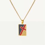 Collier croix rouge sur fond noir, pendentif rectangulaire doré en acier