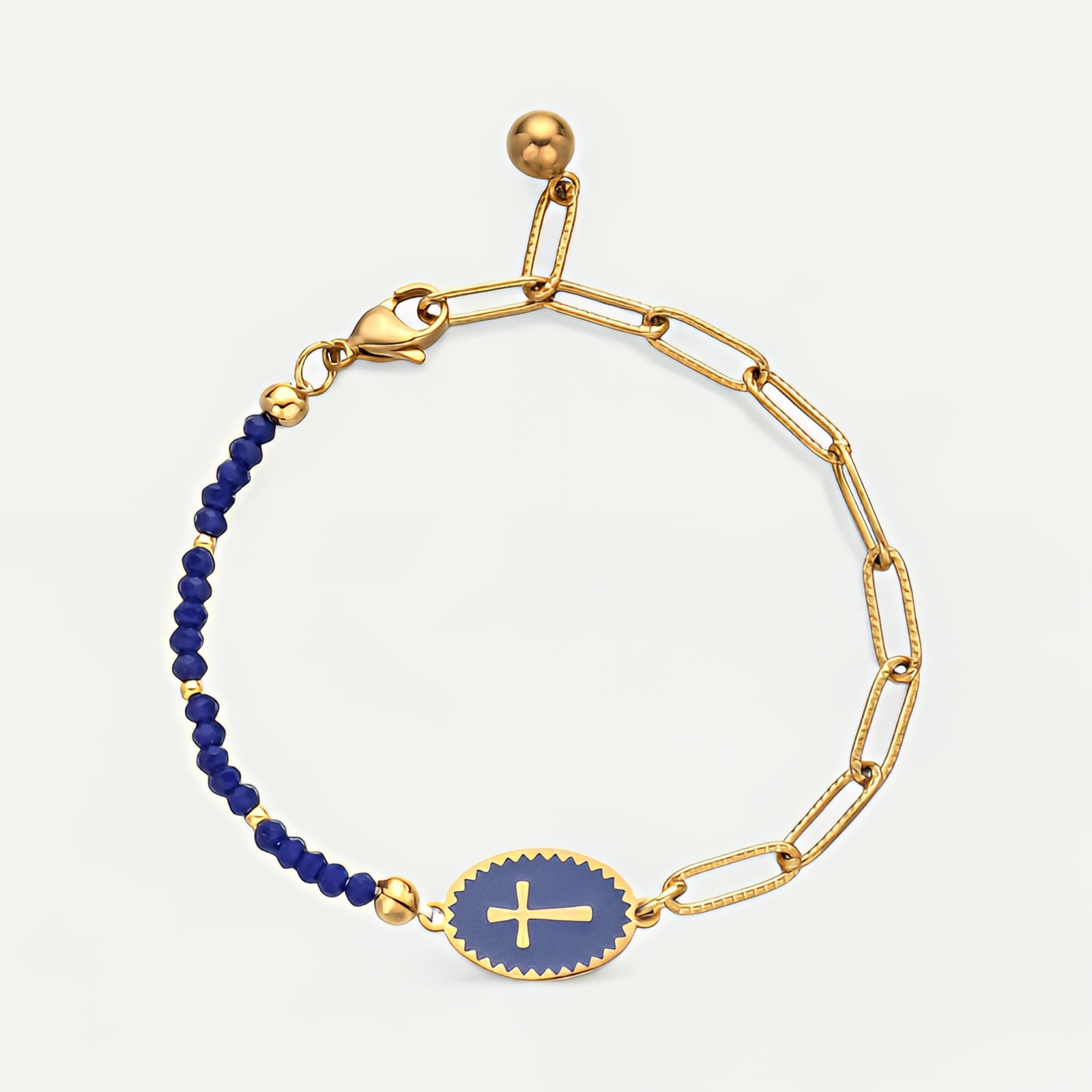 Bracelet croix dorée, perles entrelacées et chaîne ajustable pour femme élégante - Bleu