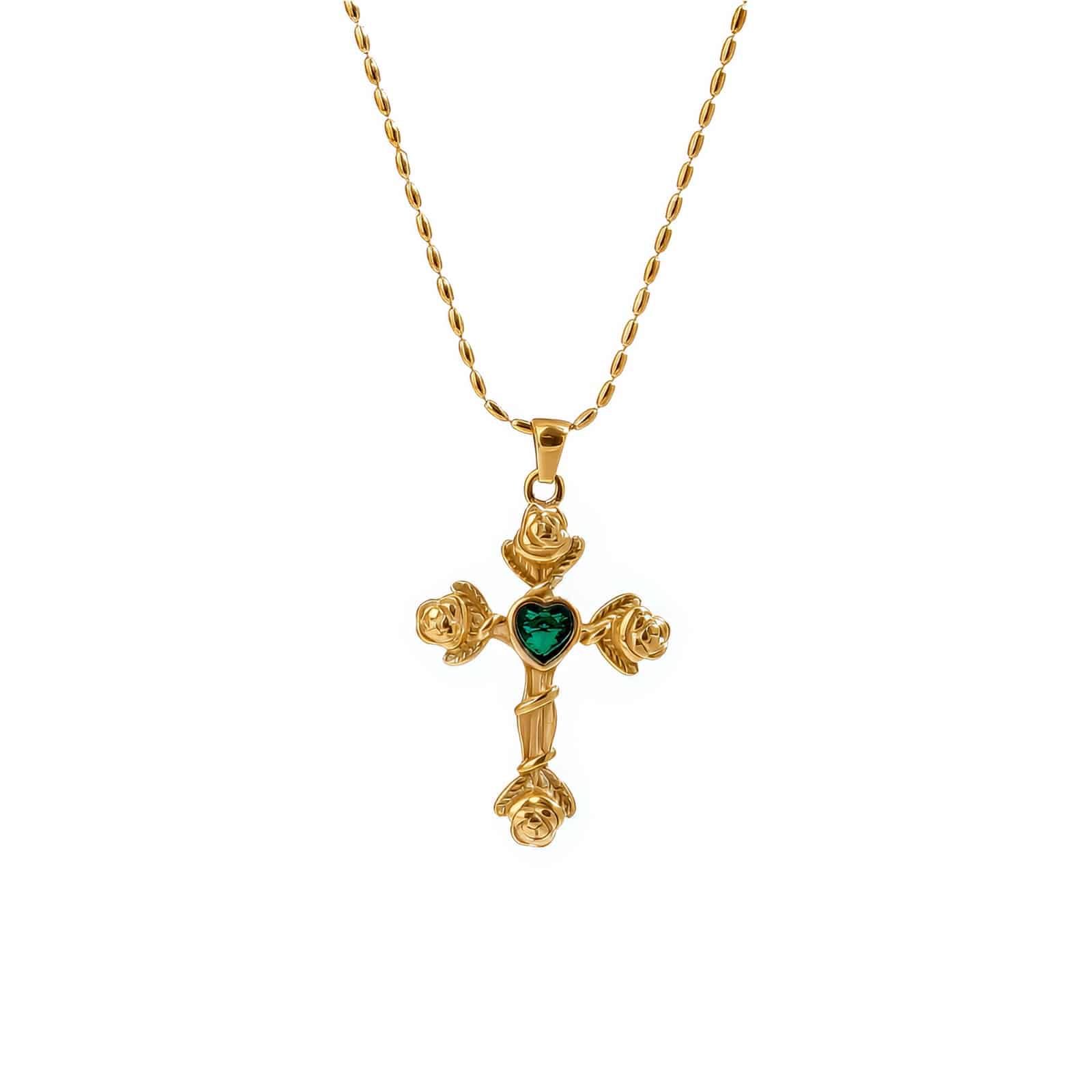Pendentif croix fleurie en argent doré avec cœur vert et roses sculptées, chaîne ajustable - Vert