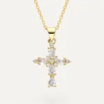 Collier croix larmes de cristal, pendentif doré élégant