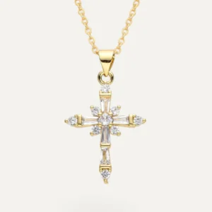 Pendentif croix dorée cristaux scintillants, chaîne argent sterling ajustable pour femme élégante