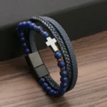 Bracelet Croix en pierre bleu et simili cuir pour Homme