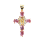 Pendentif croix vierge Marie en métal doré agrémenté de pierres de couleur rose