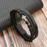 Bracelet Croix en pierre noir et simili cuir pour Homme