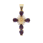 Pendentif croix vierge Marie en métal doré agrémenté de pierres de couleur violet