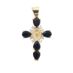 Pendentif croix vierge Marie en métal doré agrémenté de pierres de couleur noir