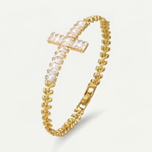 Bracelet croix dorée à cristaux, chaîne fine acier