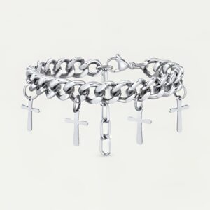 Bracelet croix acier inoxydable argenté, chaîne à maillons ajustable