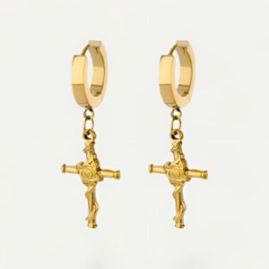 Boucles d'oreilles croix florale dorée, acier ciselé pétales