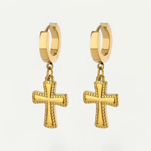 Boucles d'oreilles créoles dorées avec croix pendantes gravées