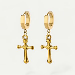 Boucles d'oreilles croix dorées suspendues, acier inoxydable
